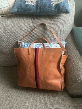 Clare V Tan Leather Tote with Red and Brown Stripe